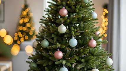 Close-up of a beautifully decorated Christmas tree with subtle bokeh lights in the background, creating a festive and warm atmosphere