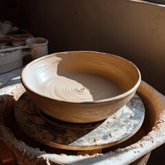 Handcrafted clay bowl on pottery wheel with natural sunlight