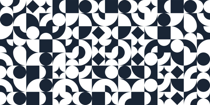 Geometric abstract seamless pattern with black and white simple elements of geometry, wallpaper background in retro 70s style, Bauhaus constructive style tiles.