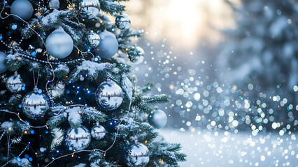 Close-up of a snow-covered Christmas tree adorned with shimmering blue and silver baubles, with a soft bokeh background
