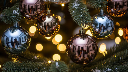 Festive Christmas tree ornaments with blurred festive lights in the background, creating a warm and magical holiday ambiance