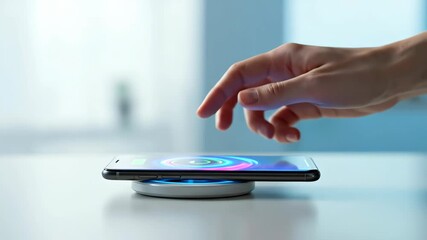 Hand placing smartphone on wireless charging pad with digital battery animation. Mobile phone recharging on a white desk in a modern office. Technology and energy concept - Powered by Adobe