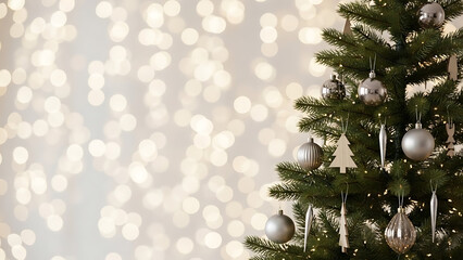 Festive Christmas Tree Adorned with Silver Ornaments and Twinkling Lights on a Blurred Background