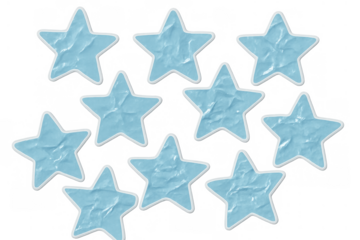 Wrinkled blue star stickers with paper texture, abstract symbols for success, rating, or celebration on transparent background