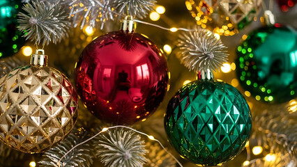 Close-up view of festive Christmas tree ornaments, sparkling lights, and evergreen branches creating a holiday ambiance