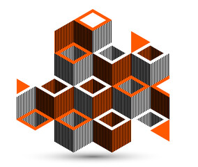 Black and red geometric vector abstract background with cubes and shapes, isometric 3D abstraction art displaying city buildings forms look like, op art optical illusion.