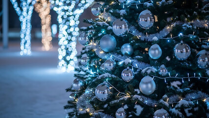 Close-up shot of a decorated Christmas tree with glowing lights and snow on a cold winter evening, perfect for holiday celebrations and festive greetings
