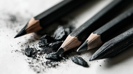 Close up of charcoal pencils with shavings and residue on surface
