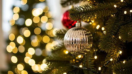 Festive Christmas tree adorned with shiny ornaments and warm, twinkling lights, creating a magical holiday atmosphere