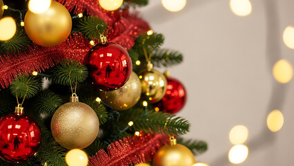 Elegant Christmas tree adorned with shimmering red and gold ornaments, sparkling lights, and festive accents, radiating a warm, joyful holiday ambiance and seasonal cheer