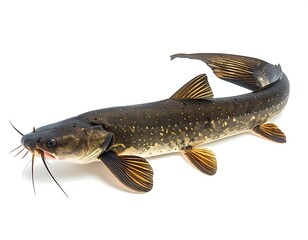 Catfish side profile isolated on white background displaying fins tail and barbels high resolution image