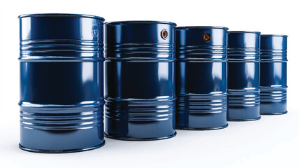Five blue metal oil barrels on white background