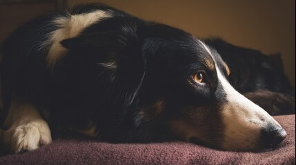 collie. Border collie relaxing on a plush couch, soft natural light highlighting its fur. wildlife magazines, conservation campaigns, designed for nature documentaries and education.