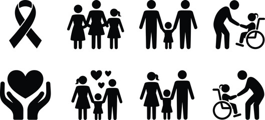 Black silhouette icon set representing family, caregiving, and support themes including wheelchair assistance, heart care, and awareness ribbon