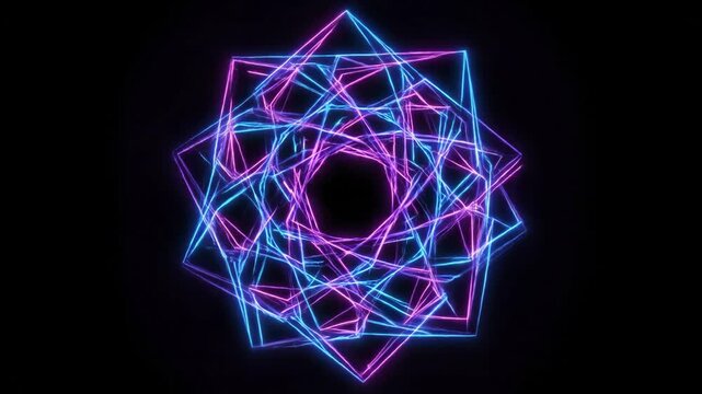 Dynamic neon geometric wireframe shapes illuminated against a dark background creating futuristic abstract visual animation