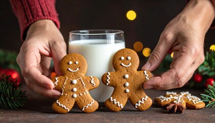 Hands arranging gingerbread men cookies next to a glass of milk on a festive table