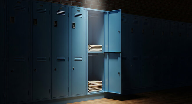 Dramatic light illuminates an open school locker filled with stacked documents, evoking a sense of discovery and knowledge within the academic setting