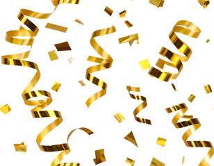 A seamless repeating pattern of golden confetti pieces and curling streamers scatter