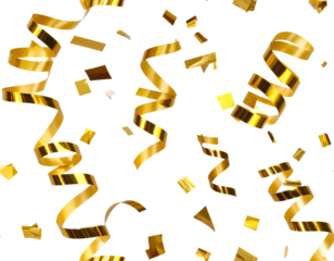 A seamless repeating pattern of golden confetti pieces and curling streamers scatter