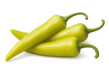Group of four fresh banana peppers, also known as yellow chili peppers or wax peppers, a spicy ingredient on transparent background