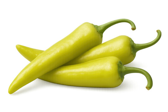 Group of four fresh banana peppers, also known as yellow chili peppers or wax peppers, a spicy ingredient on transparent background