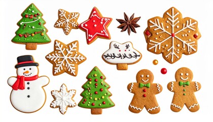 Fototapeta premium Assorted Christmas cookies including trees, snowman, and gingerbread men on a white background