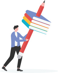 Education, knowledge, books and creativity, association or creative thinking.Holding a pencil to string together all the books
