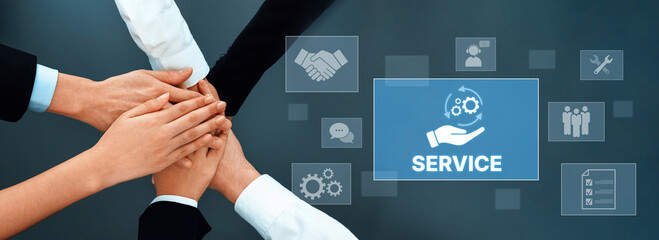 This image depicts diverse hands united symbolizing teamwork and collaboration in a professional environment, emphasizing service through various icons representing business productivity. Trope