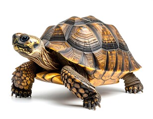 Turtle exotic reptile isolated on white background showing patterned shell design high resolution image