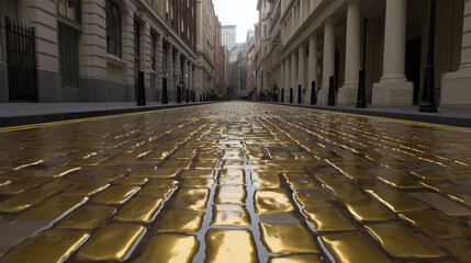 Low-angle view of a wet cobblestone city street reflecting light between historic buildings, creating a dramatic urban perspective.