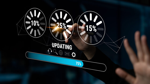 A concept of a system update and software installation. A progress bar and loading icons showing the update percentage and status. Motif - Powered by Adobe