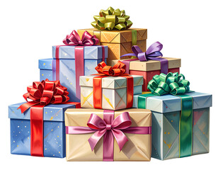 A set of Christmas gift boxes in various sizes each wrapped with shiny colorful ribb