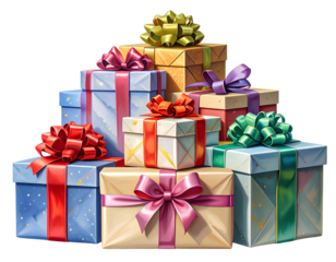 A set of Christmas gift boxes in various sizes each wrapped with shiny colorful ribb