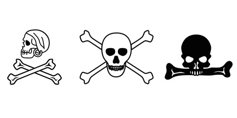 Collection of three distinctive skull and crossbones designs in outlined vector style isolated on transparent background