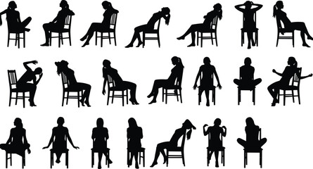 Seated human silhouette poses, chair sitting positions, body language icons, posture variations, black vector illustration, ergonomic study, gesture design, expressive sitting © MdMahmudul