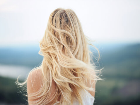Back view of a blonde woman with flowing hair standing outdoors, conveying freedom, calm, and natural beauty.