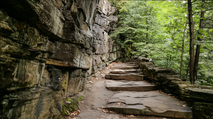 Stone hiking path carved into a rocky cliff surrounded by lush green forest, representing outdoor adventure, nature travel, and peaceful exploration.