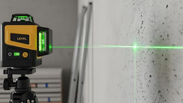 Green Laser Level Emitting Bright Beam on Construction Site.