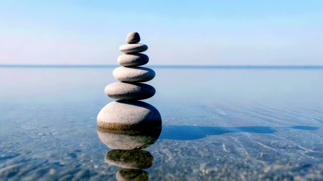 Peaceful water with stones reflecting, Tranquil scene showing stones above reflective water and open sky, Minimalist landscape capturing stones reflected on tranquil water under clear blue sky