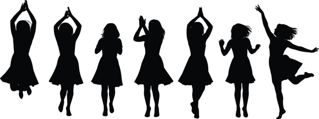 Women silhouettes dancing joyfully, female movement collection, celebration energy concept, girls jumping isolated on white background, lively dance illustration set