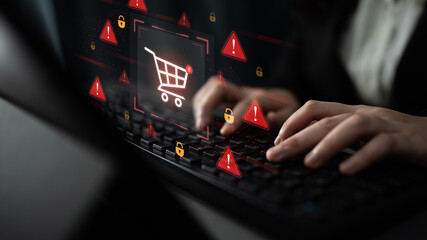 A security alert concept for e-commerce. This warning signifies a risk in an online shopping transaction, potential payment fraud, or a cybersecurity threat to the user. Fermion