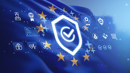 Digital shield with healthcare icons and stars on blue background symbolizing health insurance protection concept in a futuristic medical interface design.