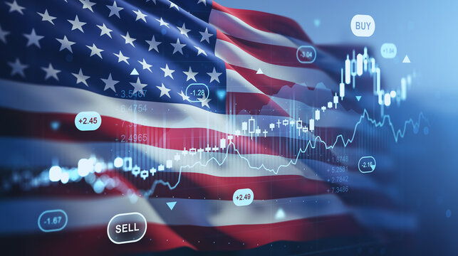 USA flag background with glowing forex and stock market charts, candlesticks, and trading indicators representing investment and financial market concept.