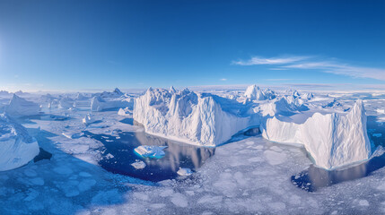 Vast polar landscape filled with towering icebergs and frozen sea under a clear blue sky, illustrating climate and Arctic wilderness.