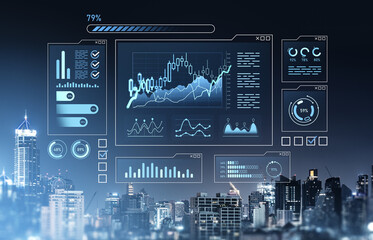 Digital financial dashboard with futuristic charts and graphs over modern cityscape at night, representing data analysis and investment growth concept.