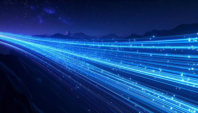Abstract blue light trails representing data flow and technology. - Powered by Adobe
