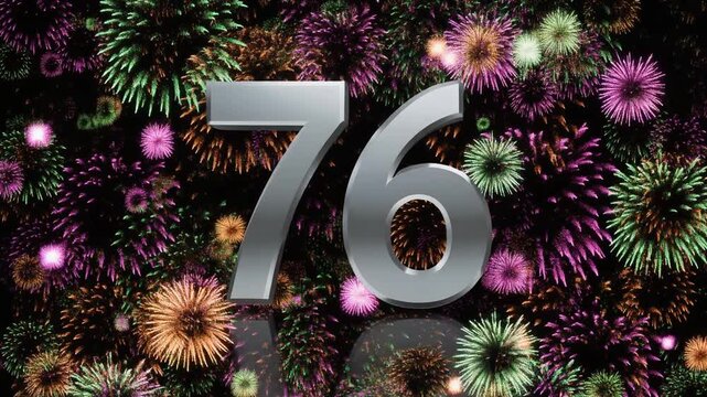 Silver number 76 with fireworks in the background. Festive scene for birthday or anniversary party