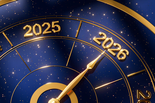 Golden clock hand pointing to 2026 with shiny stars and years 2025 and 2026 on a cosmic blue background in a futuristic concept style. 3D Rendering