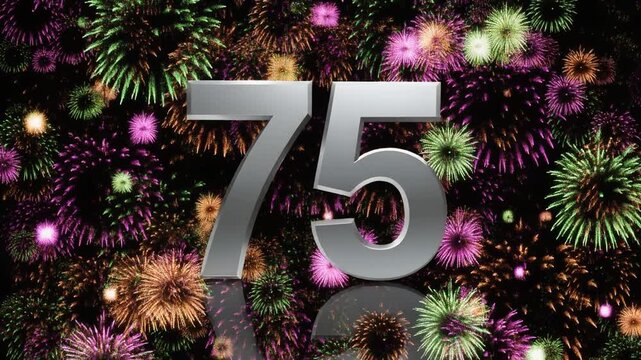 Silver number 75 with fireworks in the background. Festive scene for birthday or anniversary party