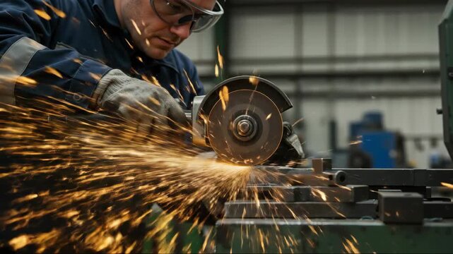 Industrial worker using an angle grinder on steel, creating a shower of sparks. Close-up slow motion of metalworking in a factory. Manufacturing and skilled labor concept.
